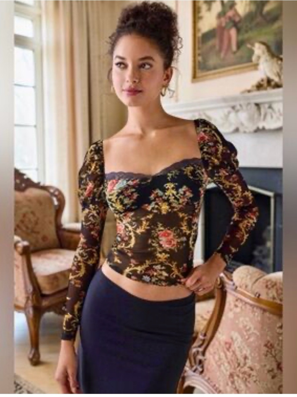 Kimchi Blue Black Sheer Floral Square-Neck Long Sleeve Top